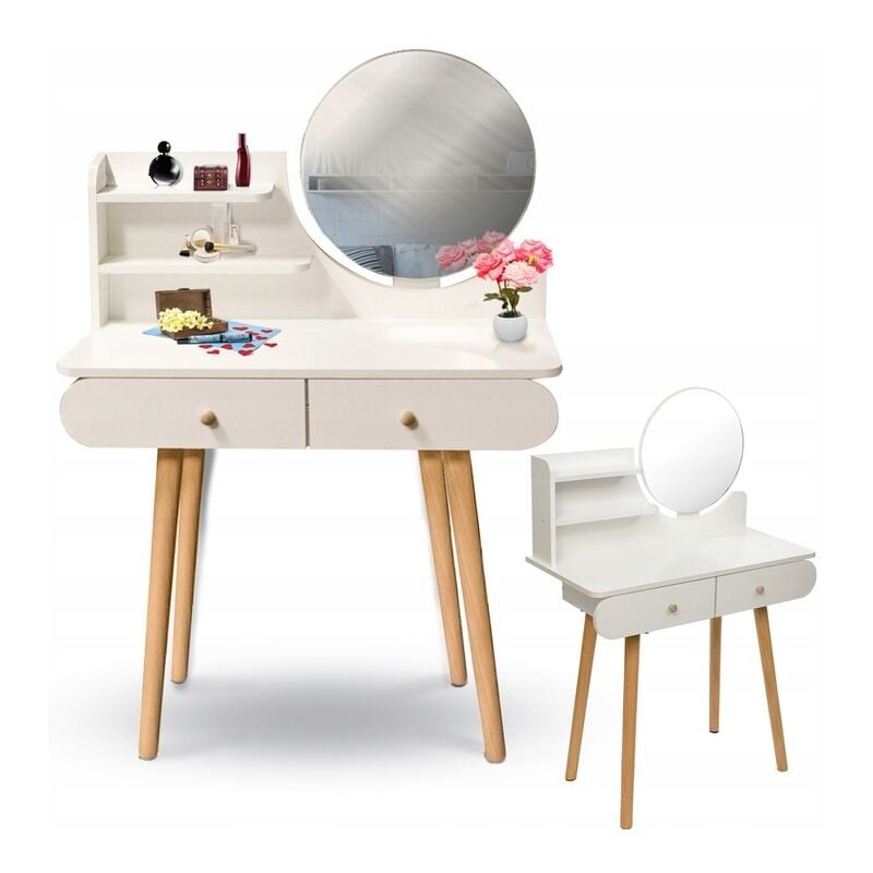 foto del prodotto viking choice toilette specchio rotondo tavolo da trucco 80x40x122 cm bianco
