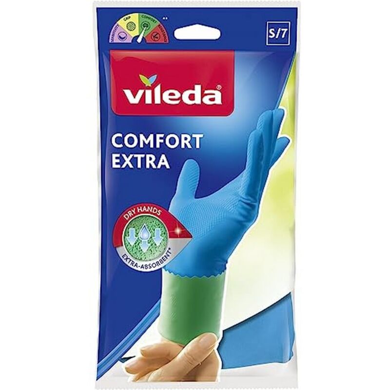foto del prodotto vileda comfort extra, guanti casalinghi confortevoli, guanti in lattice, design ergonomico, molto assorbente, rivestimento interno comfort plus, tre