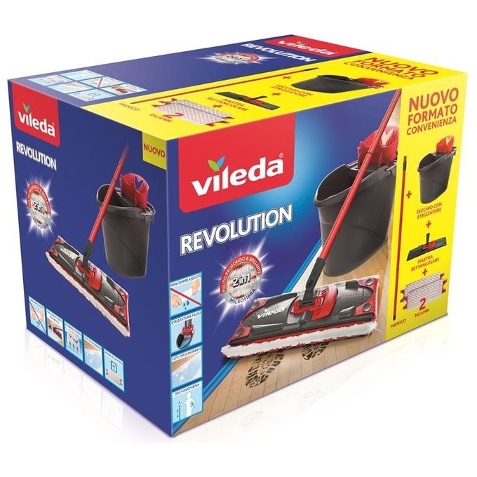 foto del prodotto vileda revolution sistema lavapavimenti con secchio strizzatore e piastra con 2 panni in microfibra