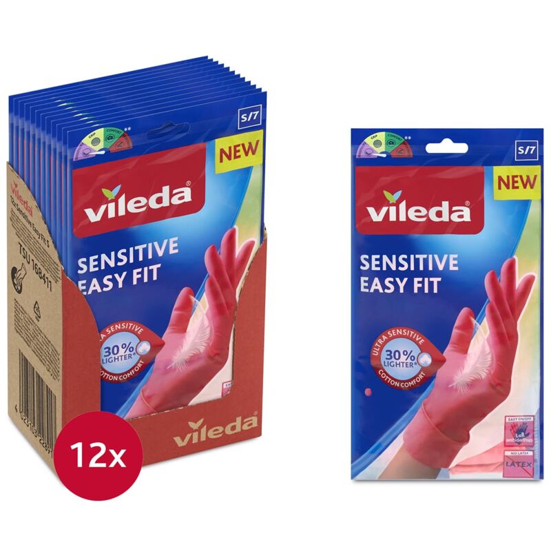 foto del prodotto vileda sensitive easy fit, tg. s, 12 paia di guanti casalinghi in nitrile, senza lattice n polveri, massima sensibilit e comfort, facili da