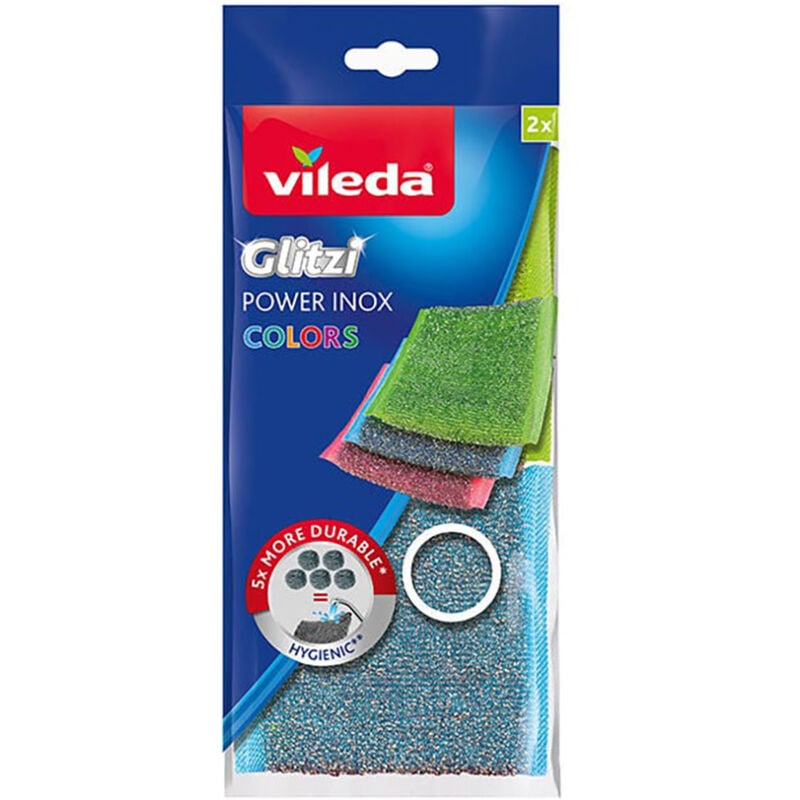 immagine 0 del prodotto vileda spugna glitzi power inox colors spugne colorate esterno di acciaio inox altamente igienico pulizia eccezionale durevole e resistente rimuove