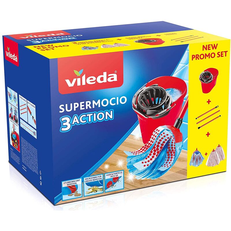 foto del prodotto vileda supermocio box, sistema lavapavimenti, set con strizzatore, 2 fiocchi microfibra power, 1 fiocco 3action, manico 3 pezzi, rosso