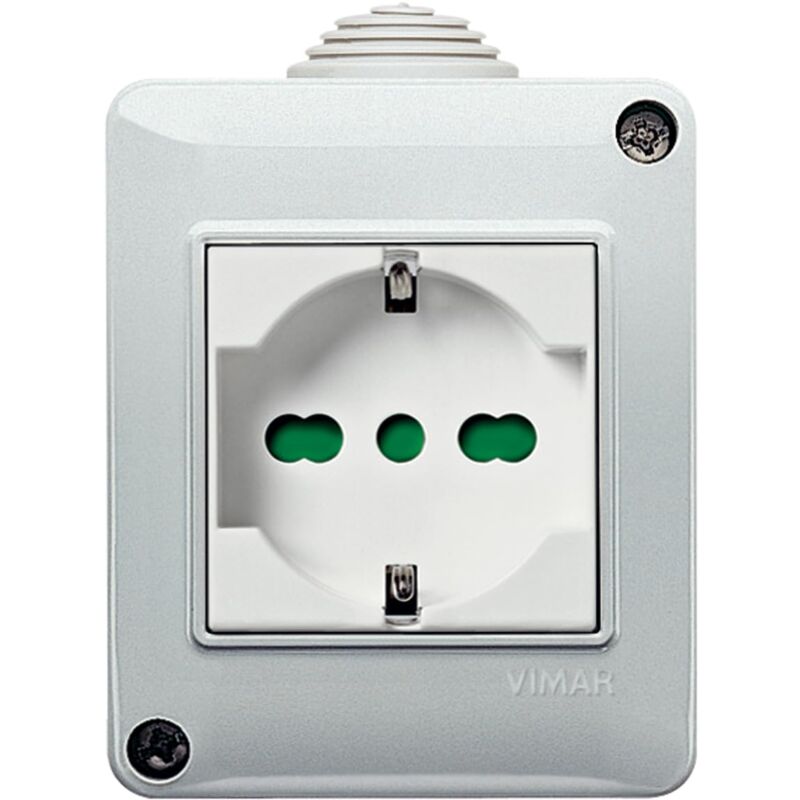 foto del prodotto vimar 0t14802.u plana contenitore ip40 presa sicury 2p t 16a universale, per eurospine 2p 2,5a, 2p e 2p t 10a e 16a standard it, 2p t 16a