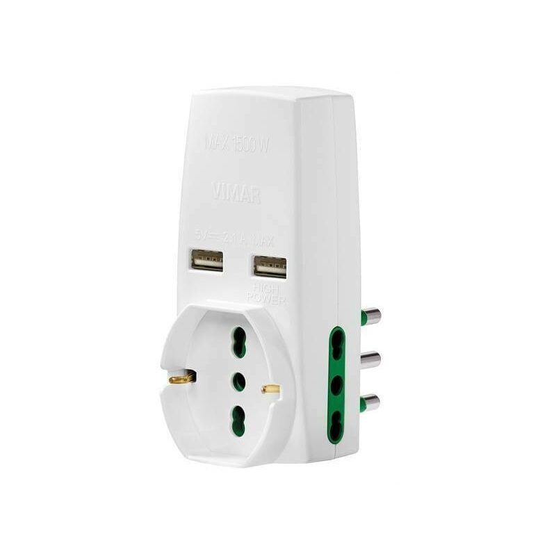foto del prodotto vimar adattatore multipresa 1 spina 16a 2 prese bipasso 16a 1 presa universale 2prese usb colore bianco 0p00333.b