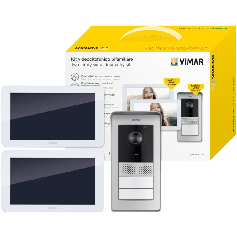 foto del prodotto vimar k42916 kit videocitofono multifamiliare, touch screen, targa con lettore rfid con 2 pulsanti, distributore bus a 4 uscite, alimentatore