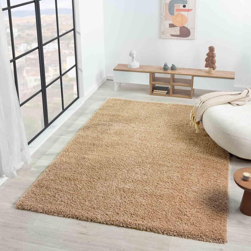 foto del prodotto vimoda prime tappeto shaggy colore pelo lungo moderno per soggiorno camera, dimensioni 150 cm quadrato beige, 160 cm tondo