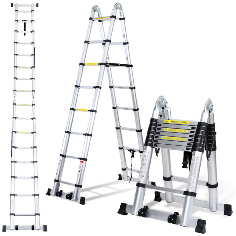 foto del prodotto vingo randaco scala telescopica in alluminio 2,5m 2,5m argento senza ganci con stabilizzatore con ruote carico massimo 150 kg