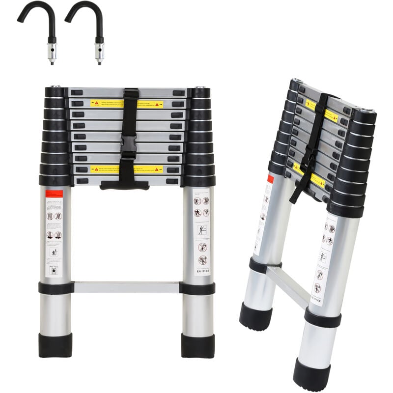 foto del prodotto vingo swanew scala telescopica in alluminio scala multiuso 2.6m scala stabile in alluminio scala doppia fino a 150kg argento con gancio