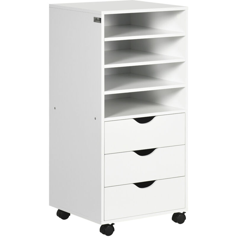 foto del prodotto vinsetto cassettiera da ufficio con 4 ruote 4 ripiani 3 cassetti, legno bianco