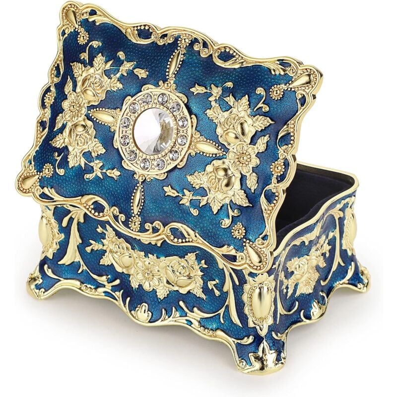 foto del prodotto vintage jewelry box vintage metal jewelry box accessory organizer for rings, earrings, necklaces mini, blue 