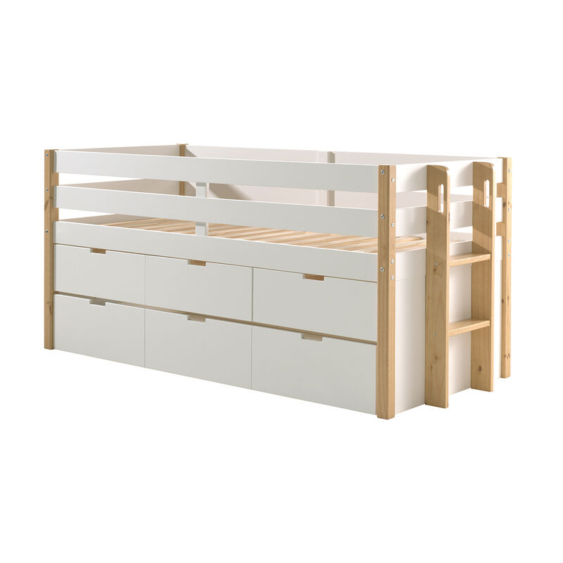 foto del prodotto vipack letto a mezza altezza margrit 90x200 con rete a doghe e cassettiera bianco e legno