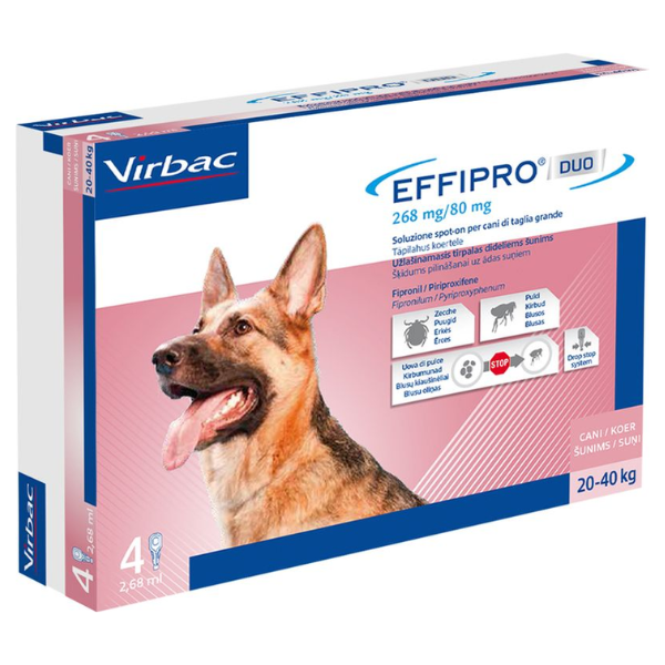 foto del prodotto virbac effipro duo spot on antiparassitario spot on cani 4 pipette per cani da 20 a 40 kg antiparassitario per cani 1 ordine scegli lo sconto bzr5 bzr20 200 punti fedelt 