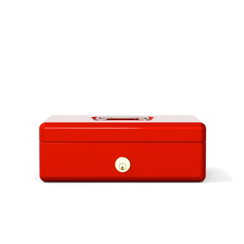 foto del prodotto viro cassetta di sicurezza, portavalori con chiave e cilindro vaschetta portamonete, colore rosso, 250x180x90 mm