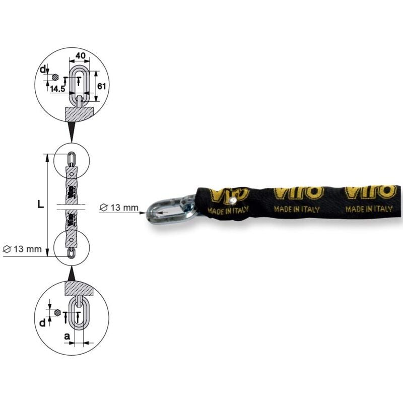 foto del prodotto viro catena moto e scooter, sezione esagonale 13 mm, lunghezza 180 cm, in acciaio speciale, rivestita in guaina nero antigraffio