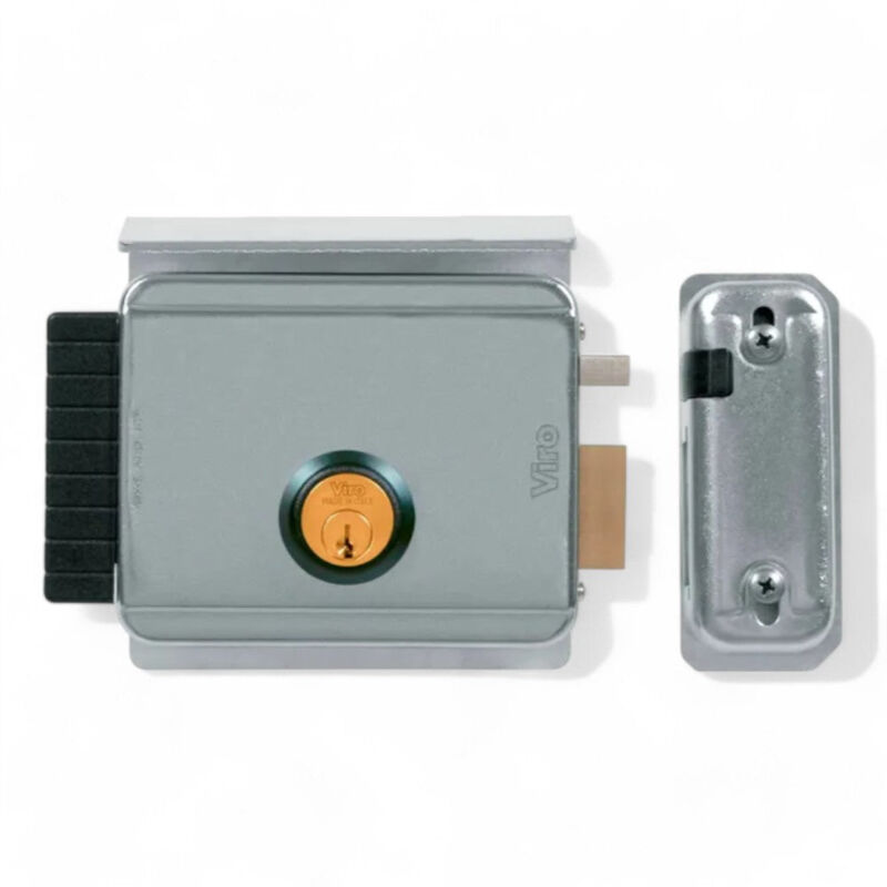 foto del prodotto viro elettroserratura per cancelli con tetto 12v ac scrocco autobloccante regolabile apertura interna chiave cilindro fisso acciaio zincato