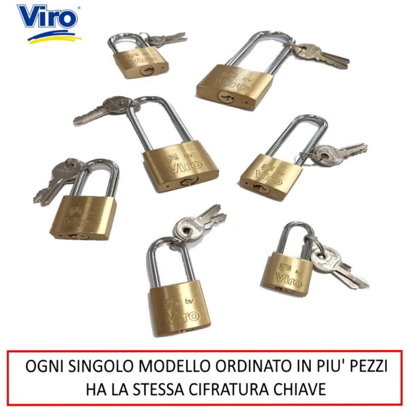 foto del prodotto viro lucchetto fai by con arco lungo e stessa cifratura di chiave misure corpo 30 mm x 28 mm luce arco 64 mm x 16 mm