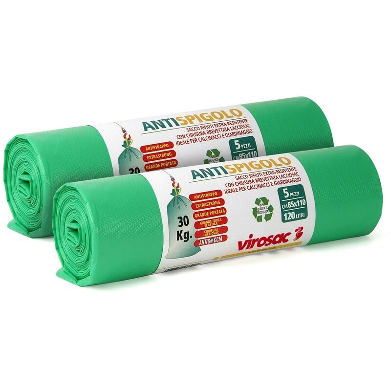 foto del prodotto virosac antispigolo sacchetti robusti e resistenti, ideali per giardinaggio e calcinacci con laccio di chiusura integrato 10 sacchetti verdi
