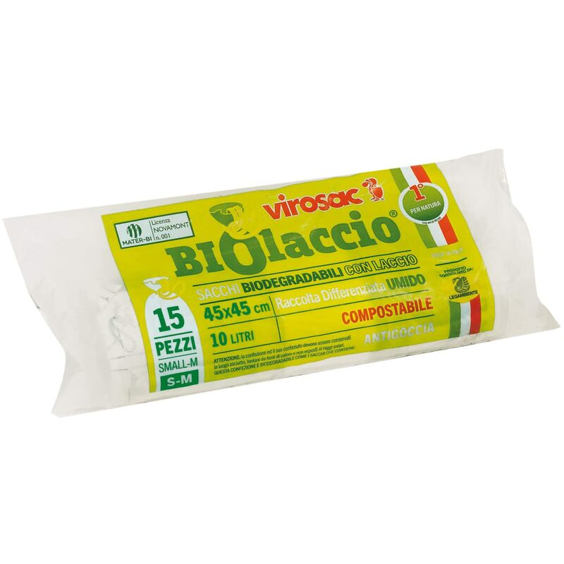 foto del prodotto virosac biolaccio sacchetti per rifiuti biodegradabili 45x45, con laccio, 15 pezzi per rotolo, kit da 3 rotoli