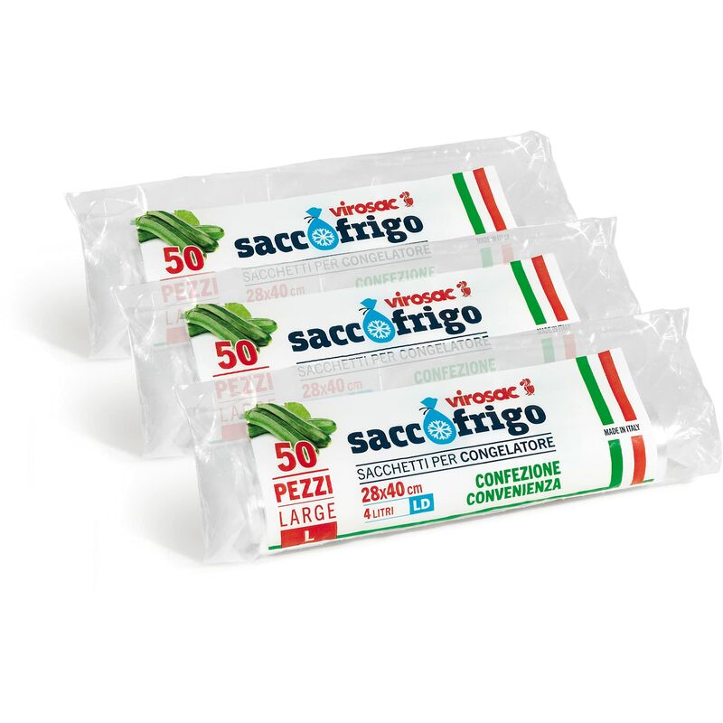 foto del prodotto virosac sacco frigo sacchetti per la conservazione e la congelazione degli alimenti, ldpe, trasparente, 28 x 40, 50 pezzi per rotolo, kit da 3