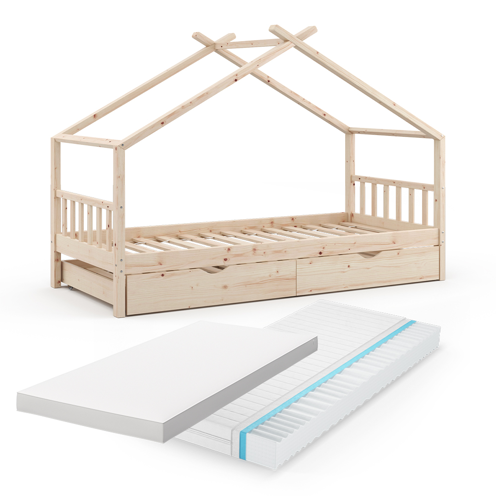 foto del prodotto vitalispa letto montessori bambini legno naturale 90x200 cm con letto per ospiti e 2 materassi