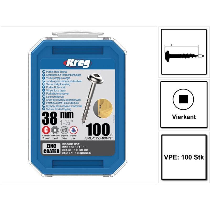immagine 0 del prodotto vite a testa bombata kreg pocket hole 38mm 100 pz. sml c150 100 attacco quadro filettatura parziale filettatura grossa autofilettante zincata