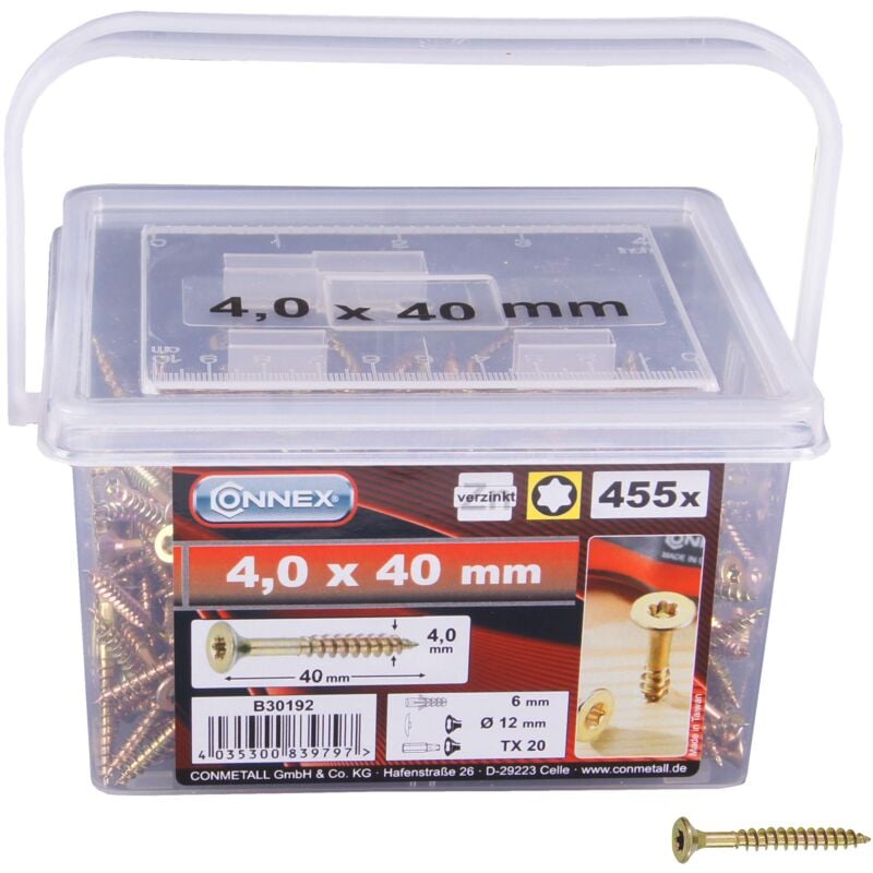 foto del prodotto viti universali 4,0 x 40 mm 455 pezzi nel set testa svasata attacco tx filettatura parziale giallo zincato set di viti secchio viti 