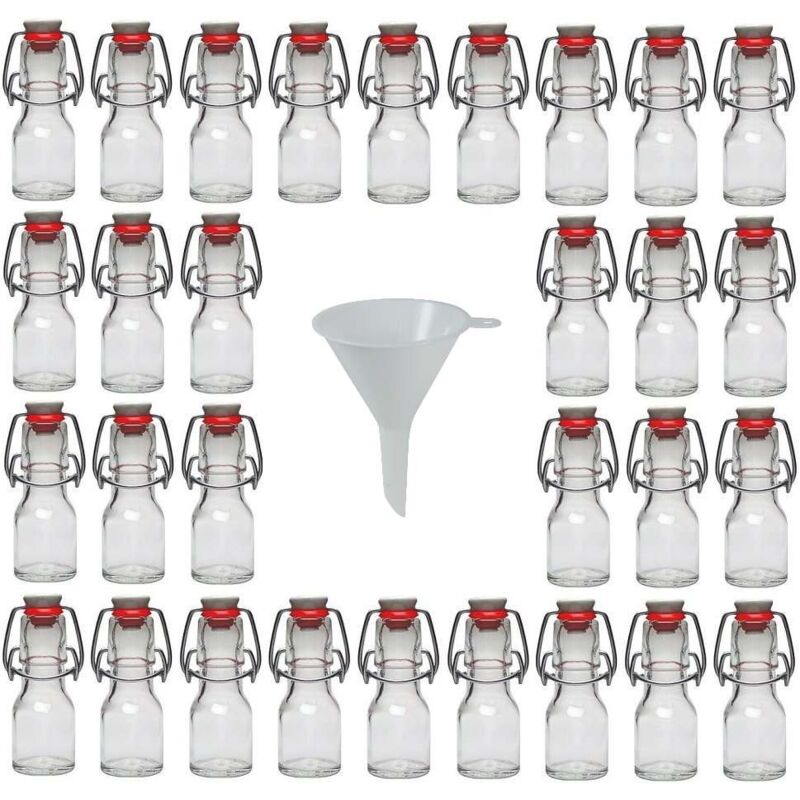 foto del prodotto viva haushaltswaren 30 bottiglie in vetro con chiusura meccanica, capacit 50 ml, compreso imbuto bianco del diametro di 7 cm