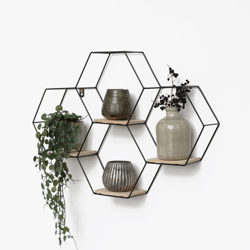 foto del prodotto vivol scaffale da parete quadruplo esagonale in metallo con 4 ripiani in legno 40,5x58 cm nero