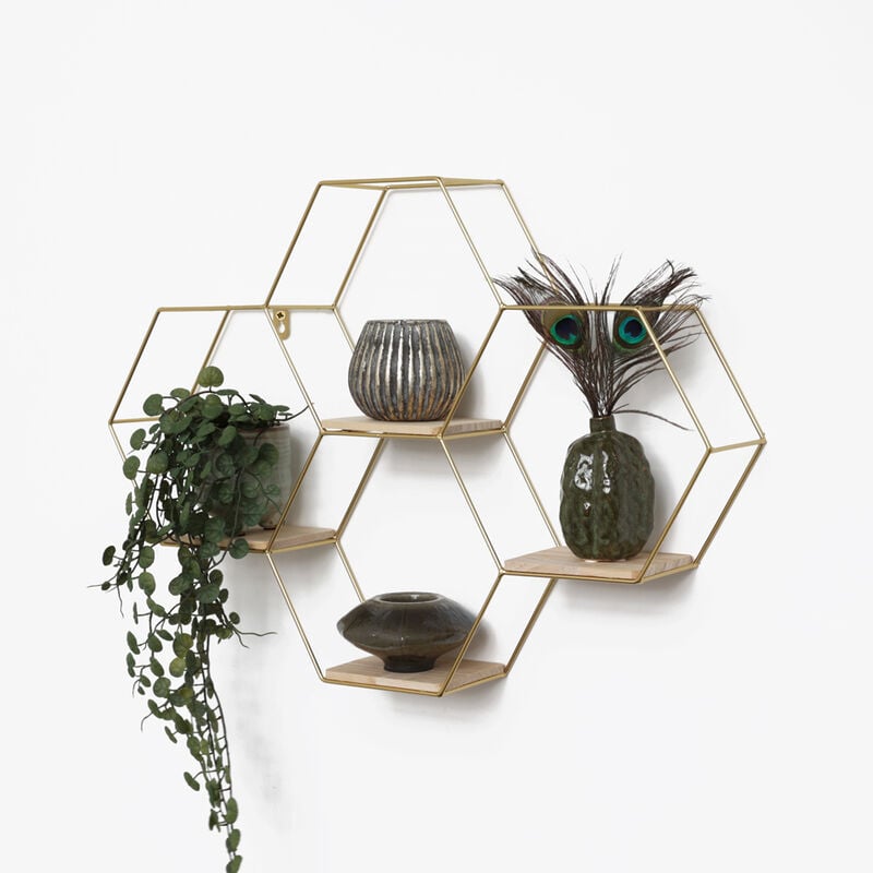 foto del prodotto vivol scaffale da parete quadruplo esagonale in metallo con 4 ripiani in legno 40,5x58 cm oro