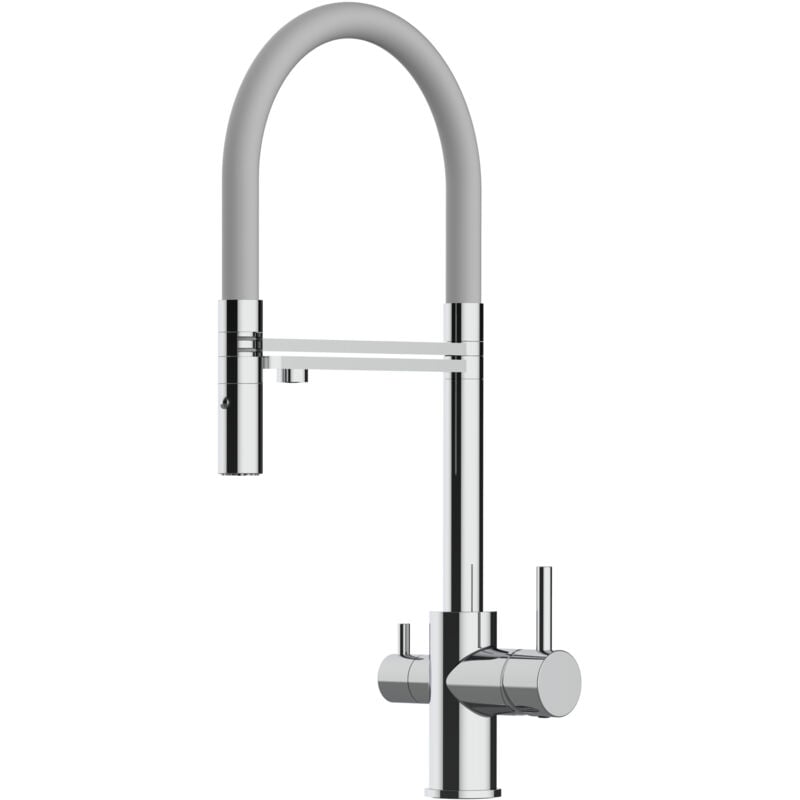 foto del prodotto vizio rubinetto 3 vie miscelatore cucina cromato con canale separato per acqua filtrata, canna grigia movibile e doccia due getti staccabile