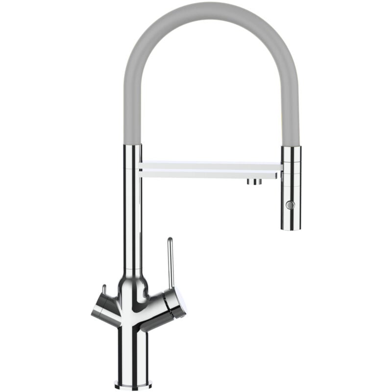foto del prodotto vizio rubinetto 3 vie miscelatore cucina cromato con canale separato per acqua filtrata, canna grigia movibile e doccia due getti staccabile
