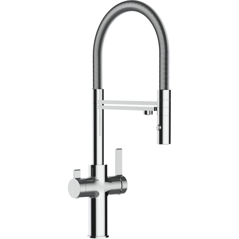 foto del prodotto vizio rubinetto 3 vie miscelatore cucina cromato con canale separato per acqua filtrata, canna mollettone movibile e doccia due getti staccabile