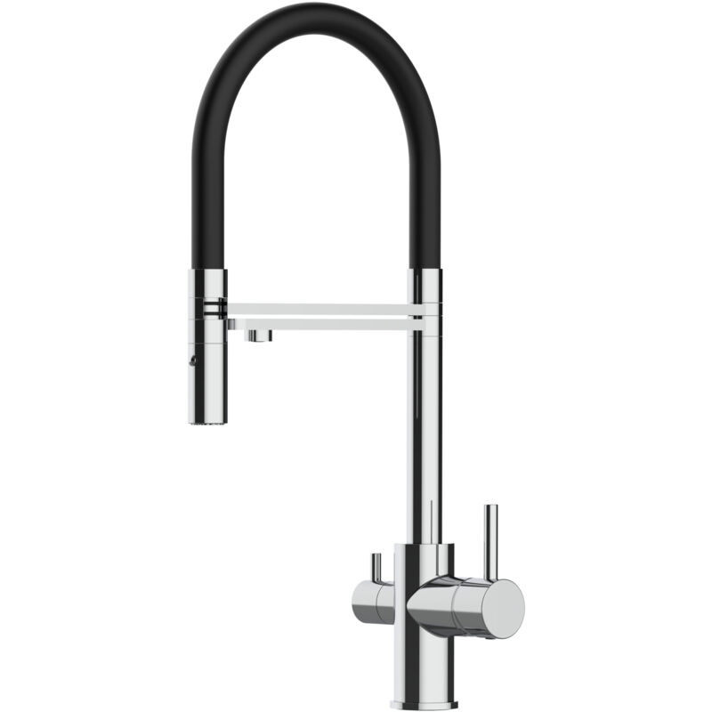foto del prodotto vizio rubinetto 3 vie miscelatore cucina cromato con canale separato per acqua filtrata, canna nera movibile e doccia due getti staccabile