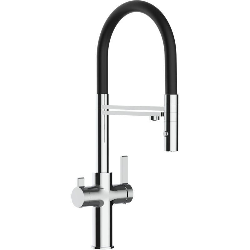 foto del prodotto vizio rubinetto 3 vie miscelatore cucina cromato con canale separato per acqua filtrata, canna nera movibile e doccia due getti staccabile serie