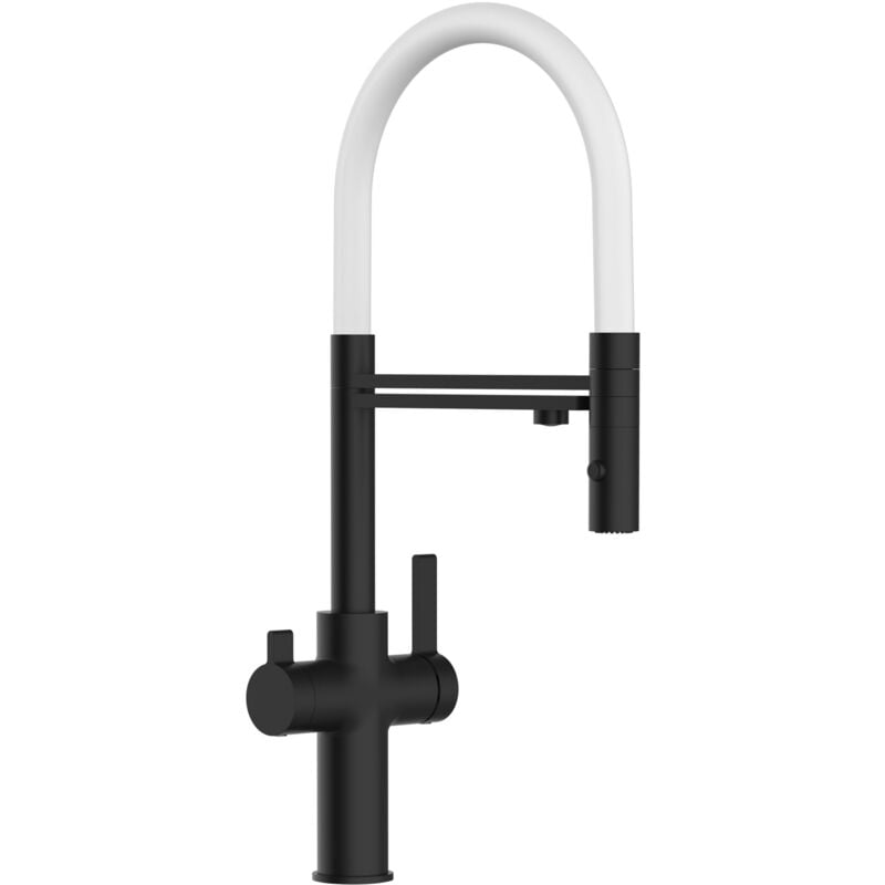 foto del prodotto vizio rubinetto 3 vie miscelatore cucina nero opaco con canale separato per acqua filtrata, canna bianca movibile e doccia due getti staccabile