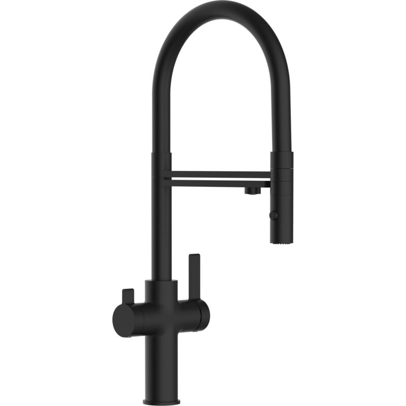 foto del prodotto vizio rubinetto 3 vie miscelatore cucina nero opaco con canale separato per acqua filtrata, canna nera movibile e doccia due getti staccabile