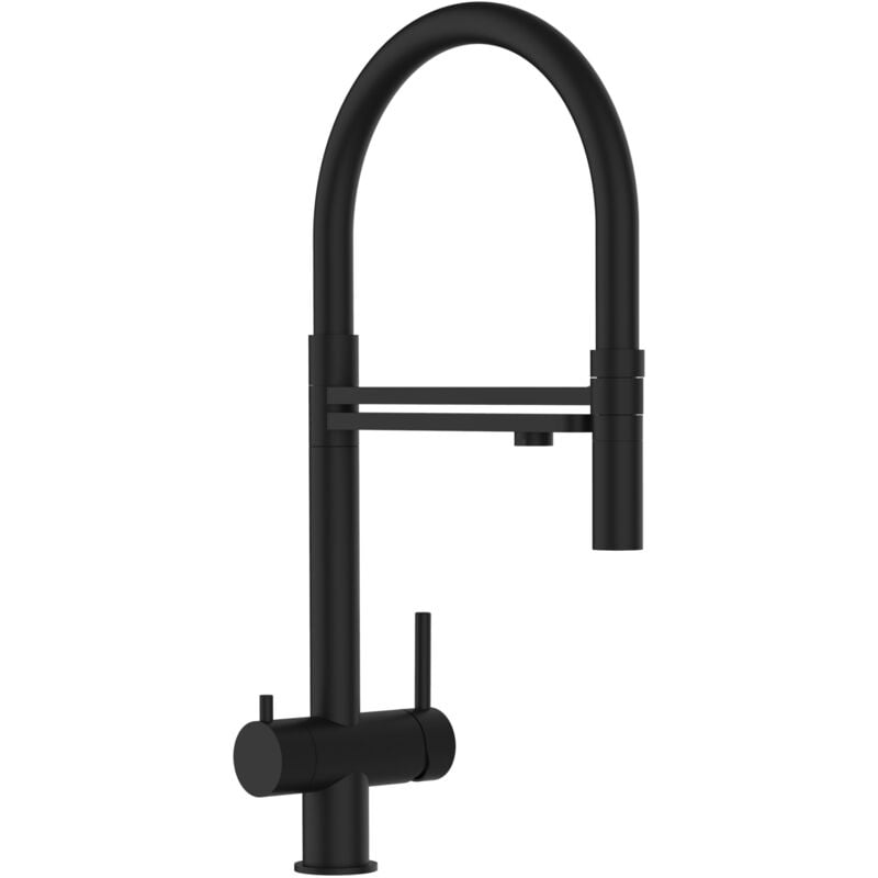 foto del prodotto vizio rubinetto 3 vie miscelatore lavello cucina in acciaio inox, canna girevole 360 e doccetta 2 getti movibile, pvd nero opaco