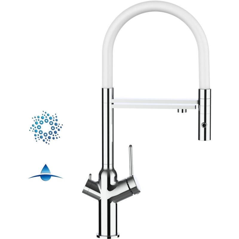 foto del prodotto vizio rubinetto 4 vie miscelatore cucina cromato con canale separato per acqua filtrata, canna bianca movibile e doccia due getti staccabile