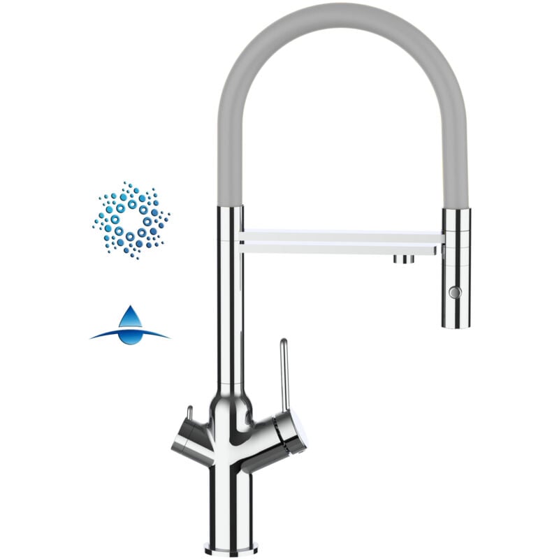 foto del prodotto vizio rubinetto 4 vie miscelatore cucina cromato con canale separato per acqua filtrata, canna grigia movibile e doccia due getti staccabile