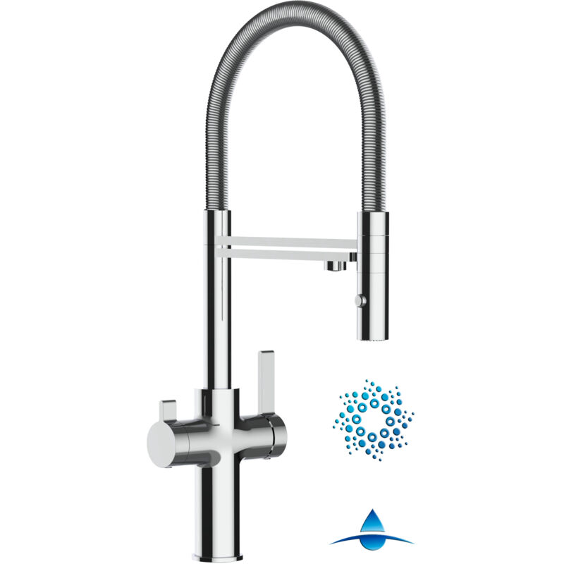 foto del prodotto vizio rubinetto 4 vie miscelatore cucina cromato con canale separato per acqua filtrata, canna mollettone movibile e doccia due getti staccabile