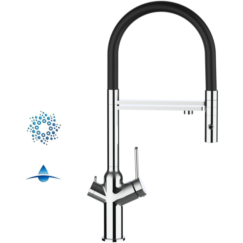 foto del prodotto vizio rubinetto 4 vie miscelatore cucina cromato con canale separato per acqua filtrata, canna nera movibile e doccia due getti staccabile serie