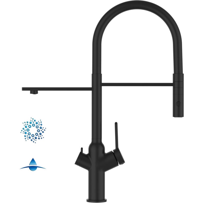 foto del prodotto vizio rubinetto 4 vie miscelatore cucina nero opaco con canale separato per acqua filtrata, canna nera movibile e doccia due getti staccabile
