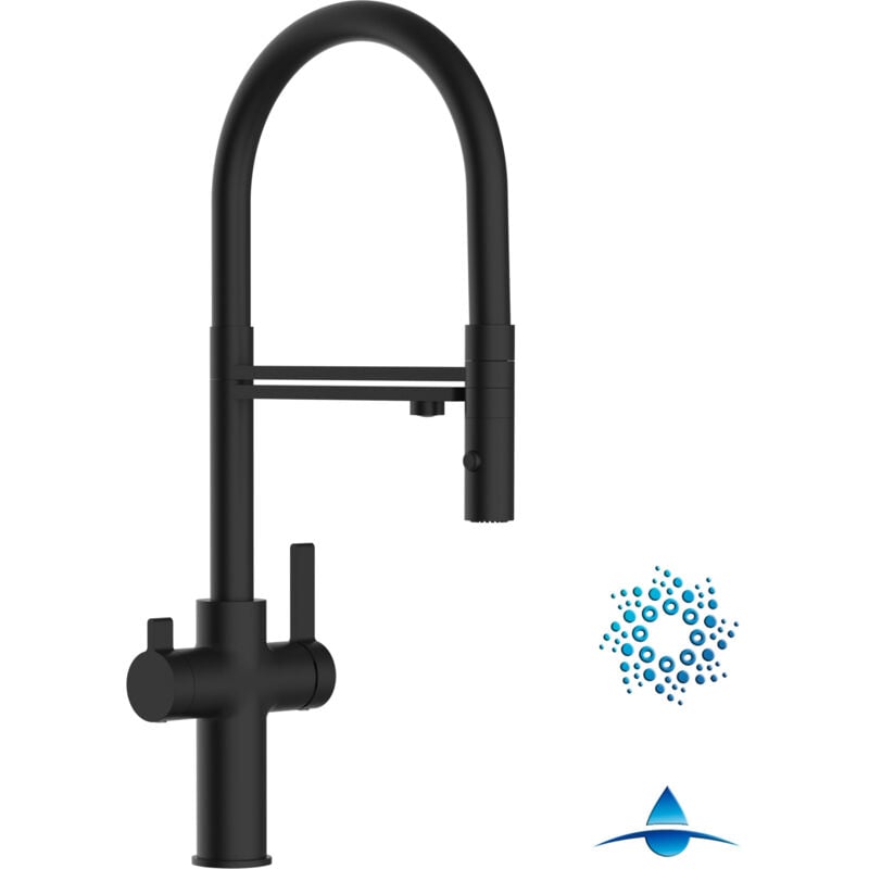 foto del prodotto vizio rubinetto 4 vie miscelatore cucina nero opaco con canale separato per acqua filtrata, canna nera movibile e doccia due getti staccabile