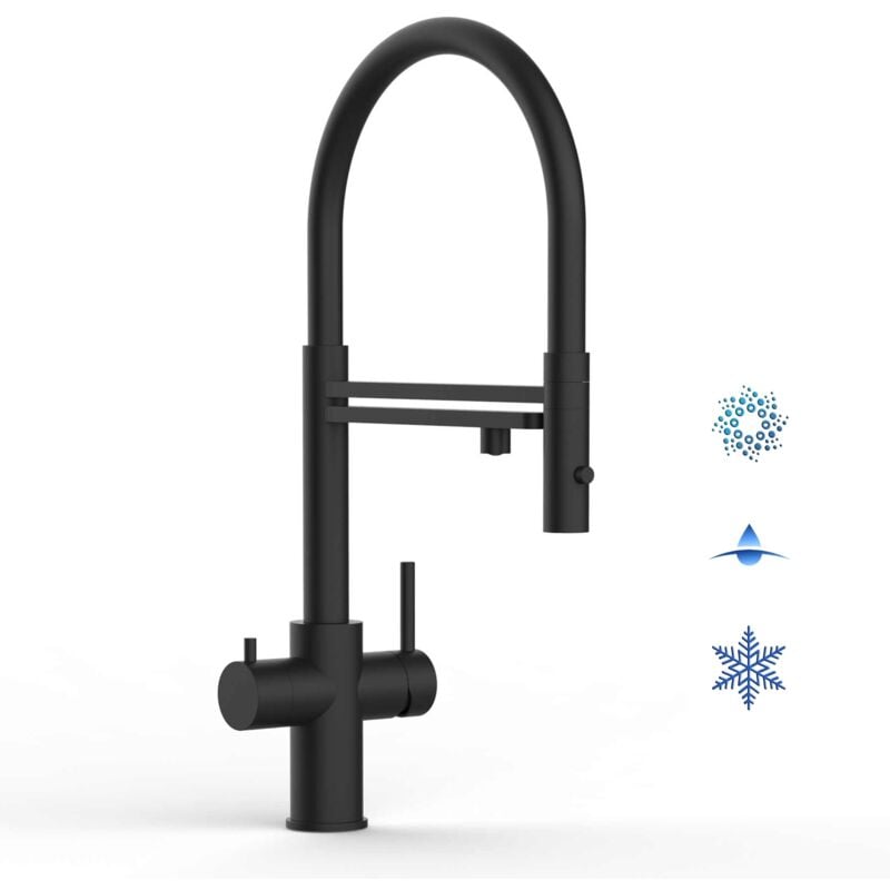 foto del prodotto vizio rubinetto 5 vie miscelatore lavello cucina in acciaio inox, canna girevole 360 e doccetta 2 getti movibile, pvd nero opaco