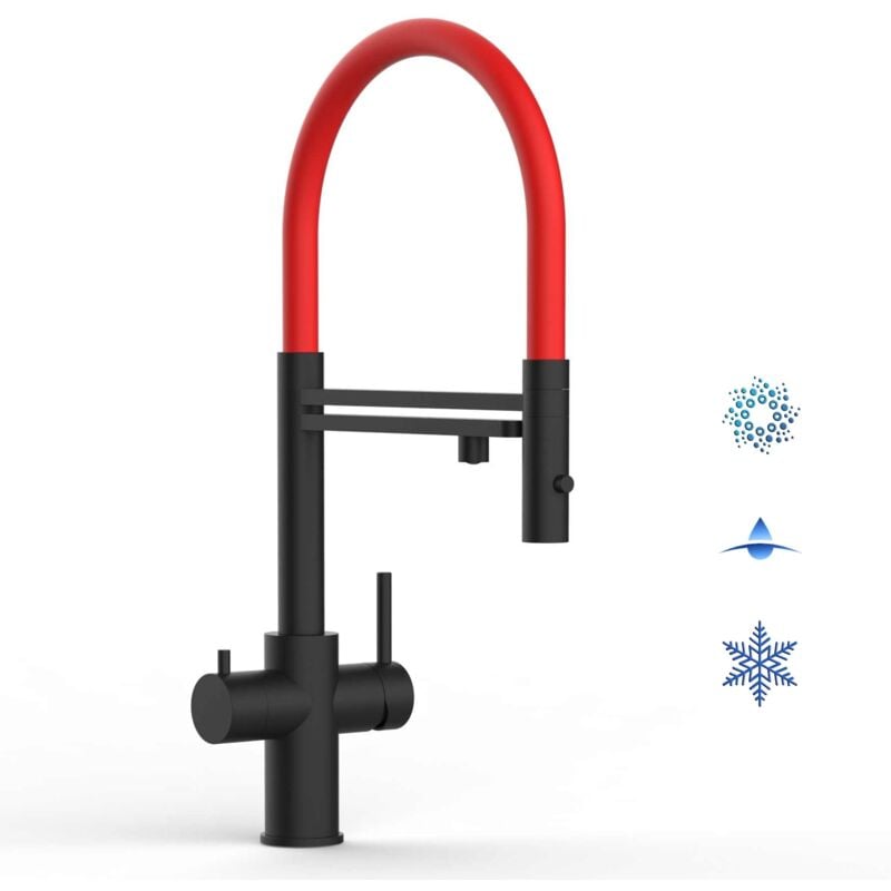 foto del prodotto vizio rubinetto 5 vie miscelatore lavello cucina in acciaio inox, canna girevole 360 e doccetta 2 getti movibile, pvd nero opaco rosso