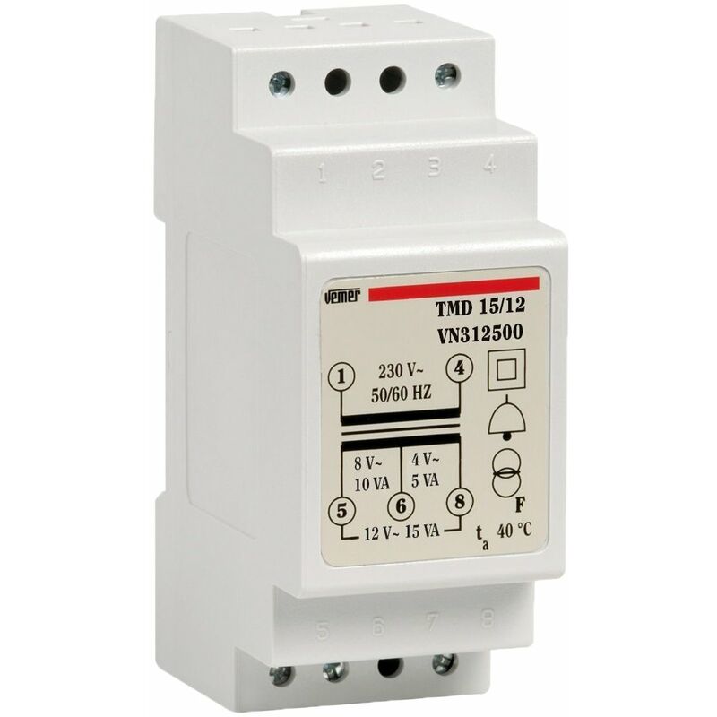 foto del prodotto vn312500 tmd 15 12 trasformatore 12v per campanelli, installazione su barra din, tensione primario 230v, tensione secondario 4 8 12v, potenza 15va,
