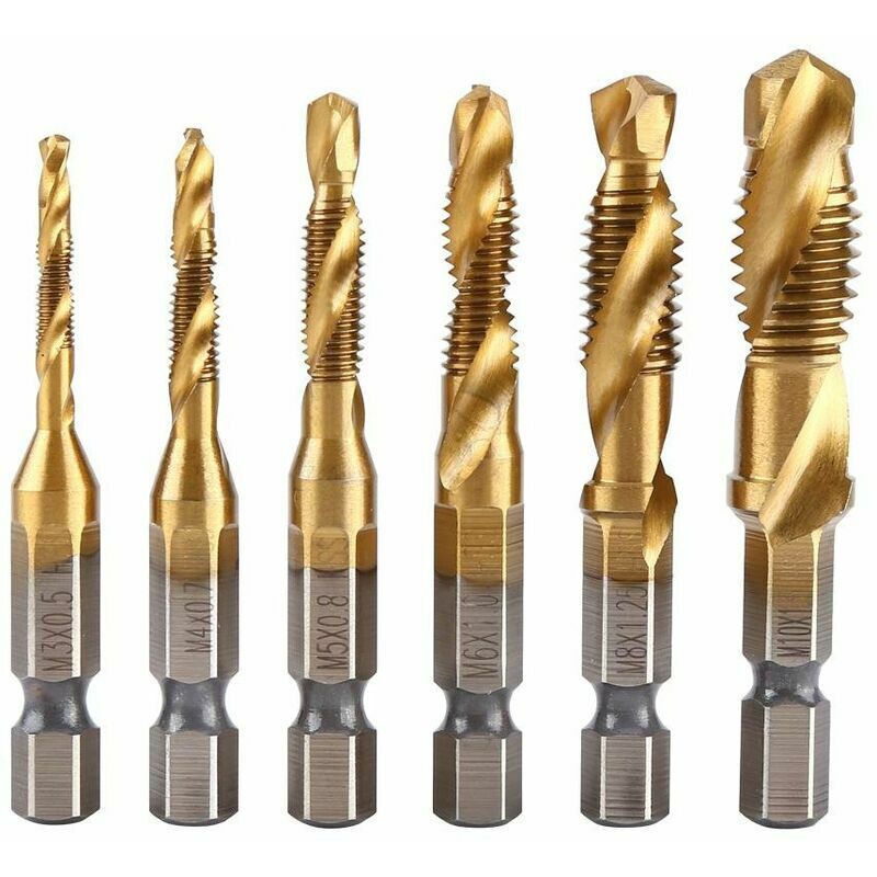 foto del prodotto volavo set di 6 maschi, maschi, filettatura metrica m3 m10 con rivestimento in titanio hss e maschi zigrinati con gambo esagonale da 1 4 per