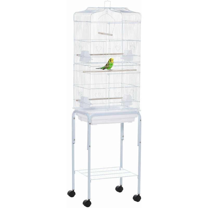 foto del prodotto voliera gabbia per uccelli 46,5x36x157 cm con ruote in metallo e acciaio bianco