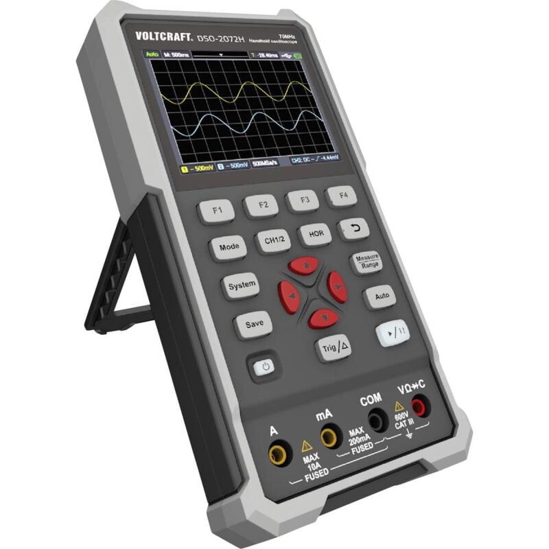 foto del prodotto voltcraft dso 2072h oscilloscopio portatile 70 mhz 2 canali 250 msa s 8 kpts 8 bit portatile, generatore di funzioni, f