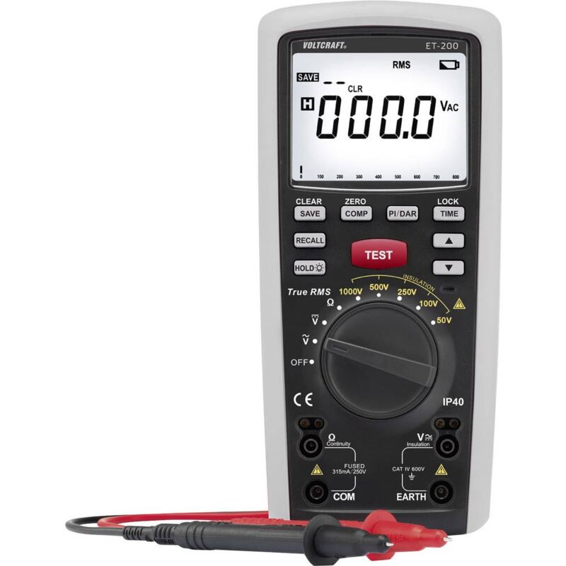 foto del prodotto voltcraft et 200 misuratore di isolamento 50 v, 100 v, 250 v, 500 v, 1000 v 20 g calibrato di fabbrica senza certifica